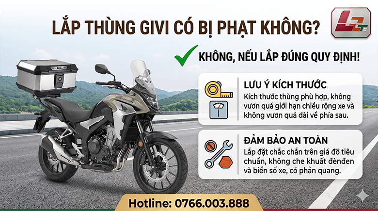 Lắp thùng Givi có bị phạt không? Lưu ý kích thước và an toàn