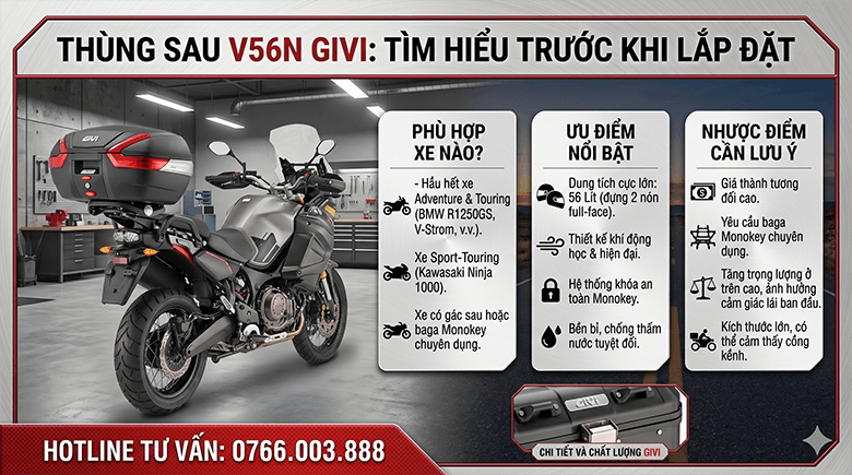 Thùng sau V56N Givi phù hợp xe nào? Ưu nhược điểm trước khi lắp