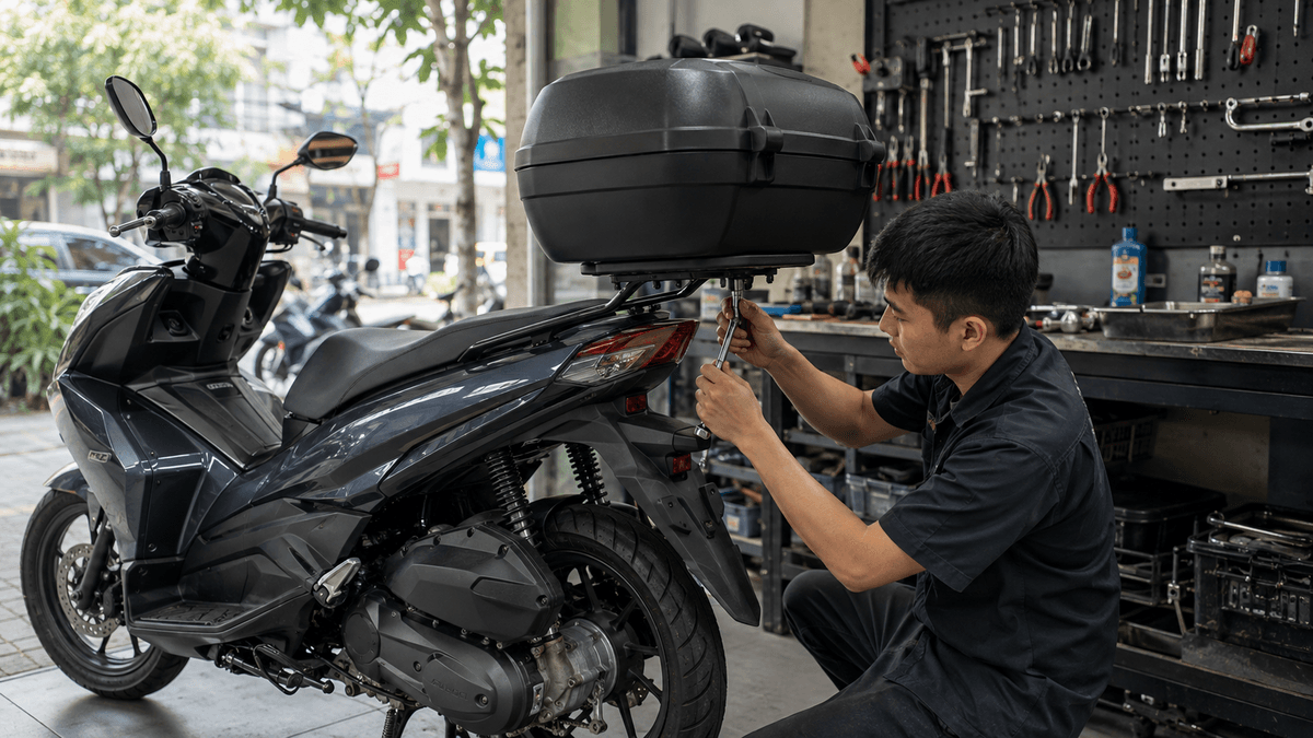 Kỹ thuật viên lắp baga và thùng sau đúng vị trí trên xe tay ga Air Blade 160
