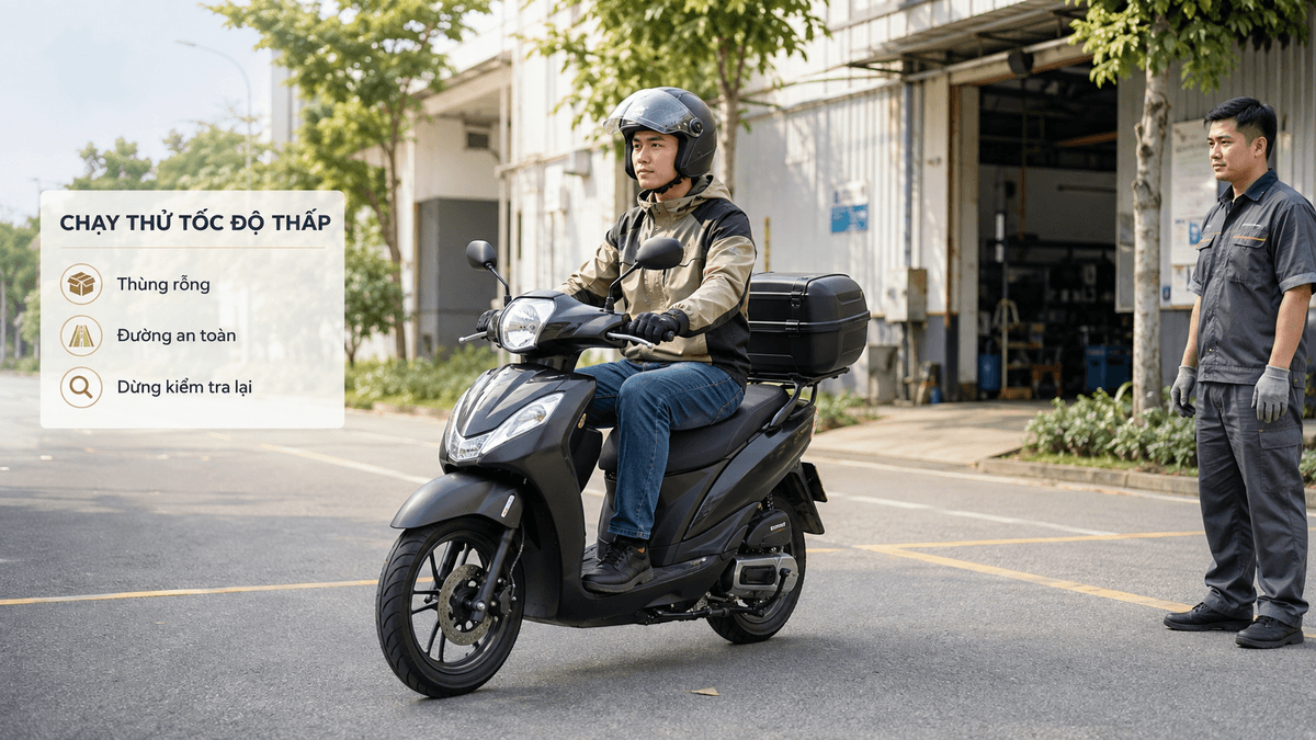 Chạy thử xe máy tốc độ thấp sau khi kiểm tra thùng Givi rung