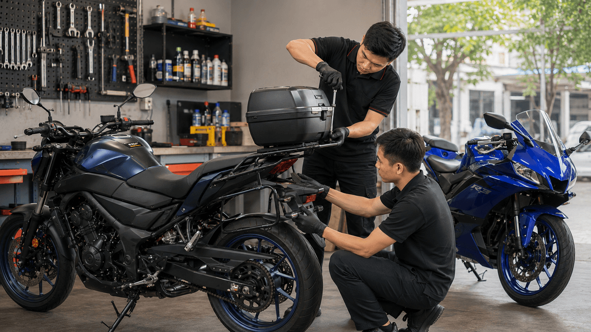 Kỹ thuật viên lắp baga và thùng Givi cho Yamaha MT-03 R3