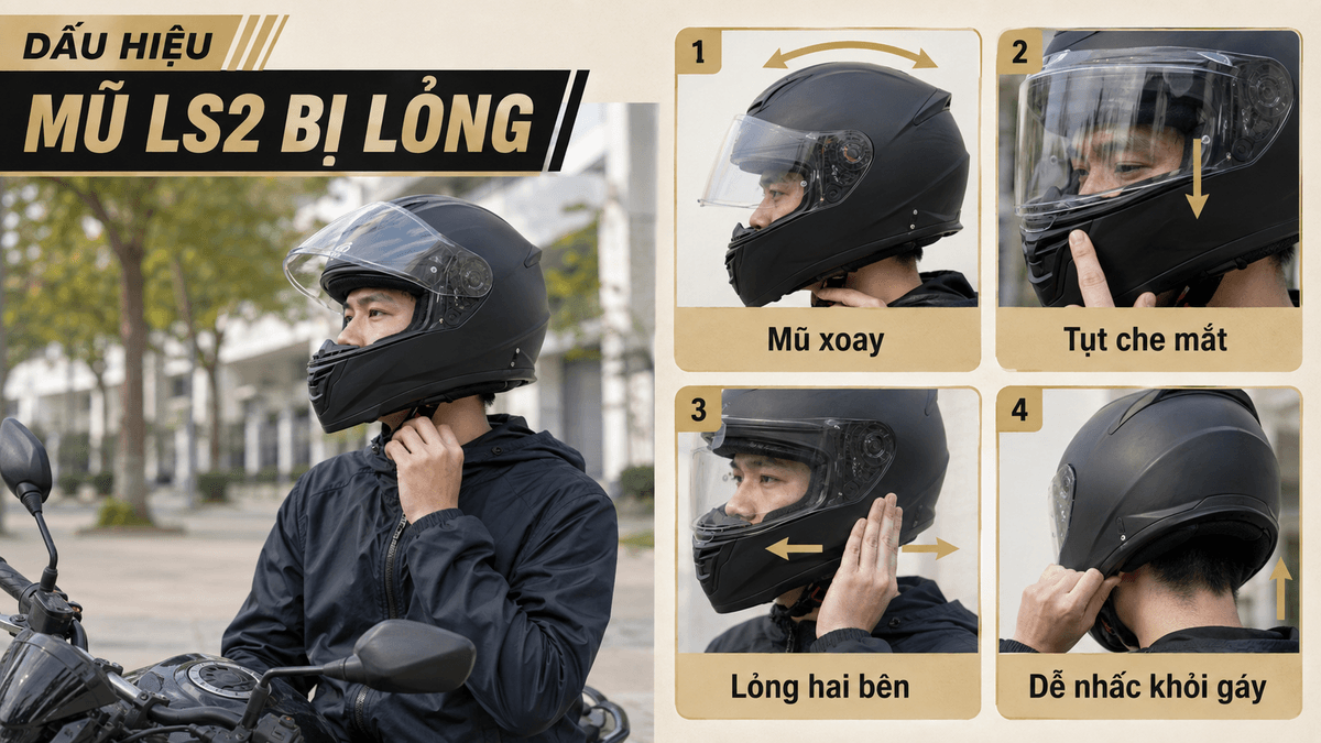 Dấu hiệu nhận biết mũ LS2 bị rộng và xoay trên đầu