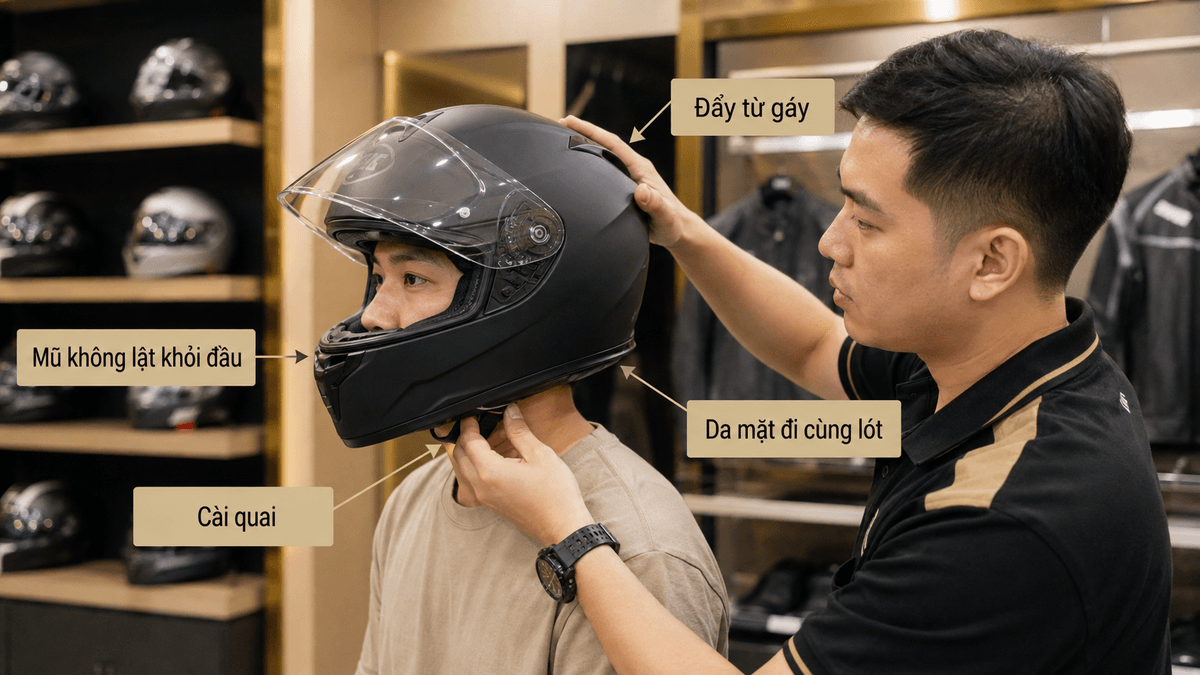 Kỹ thuật viên kiểm tra roll-off và độ xoay của mũ LS2