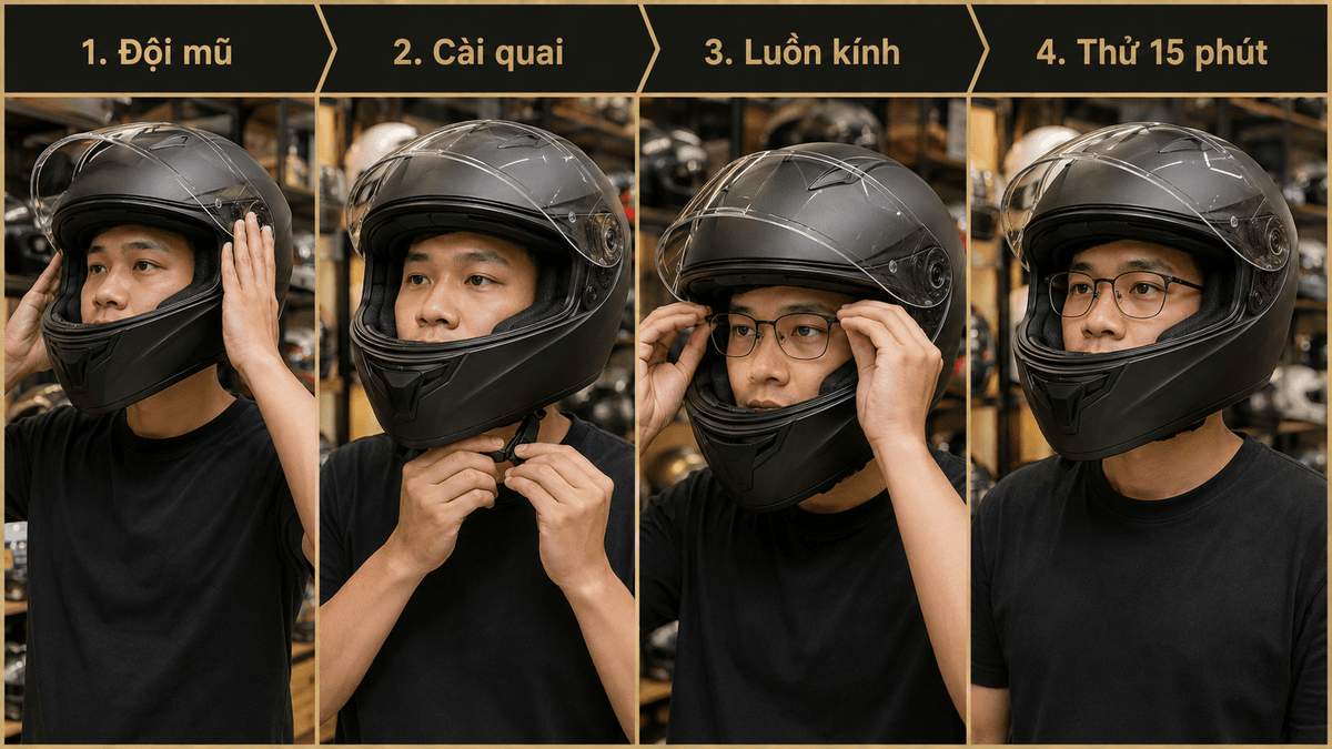 Thử mũ LS2 cho người đi scooter đeo kính cận