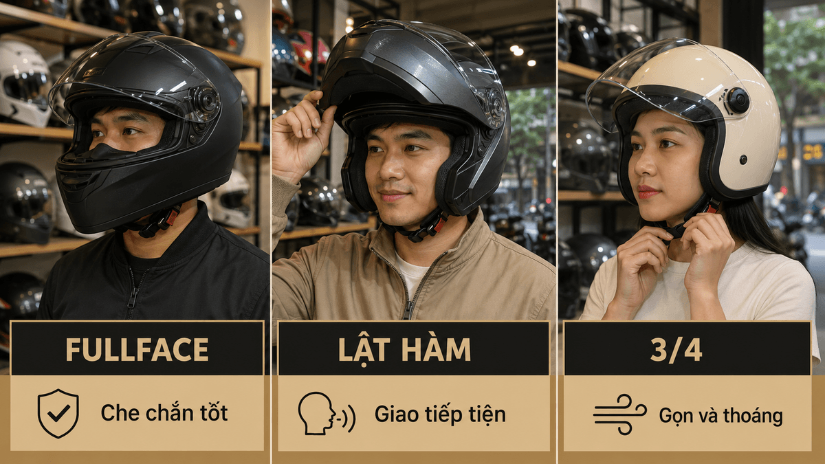 So sánh mũ LS2 fullface lật hàm và 3/4 cho scooter