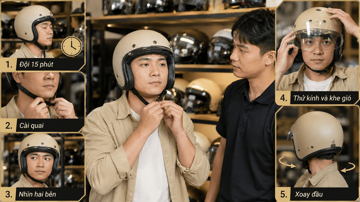 Checklist thử mũ LS2 đi phố tại cửa hàng