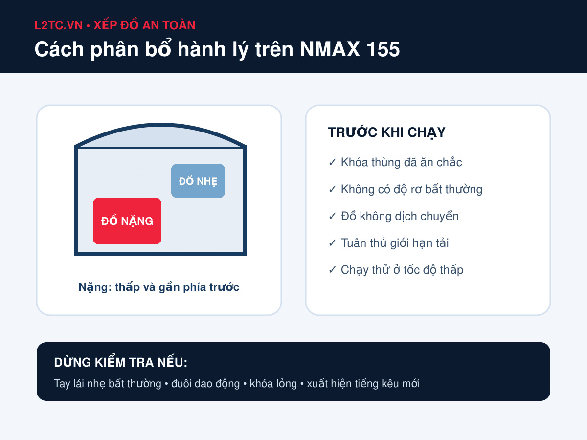 Hướng dẫn xếp hành lý trong thùng Givi trên NMAX 155 với đồ nặng đặt thấp và phía trước