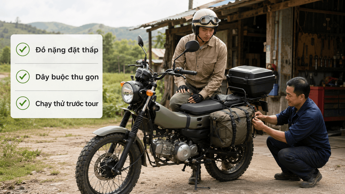 Kiểm tra phân bố hành lý trên baga sau và túi hông Yamaha PG-1