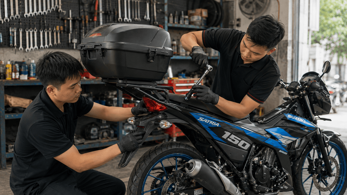 Kỹ thuật viên lắp baga và thùng Givi cho Raider Satria