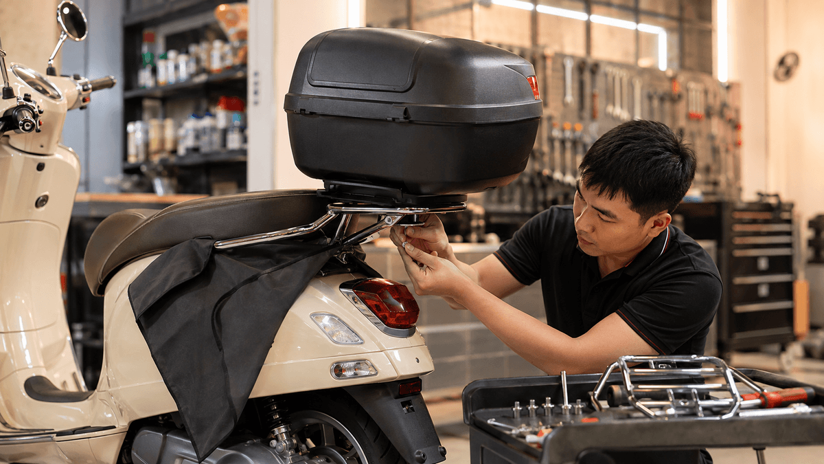 Kỹ thuật viên lắp baga và thùng sau cho xe Vespa theo đúng điểm bắt ốc