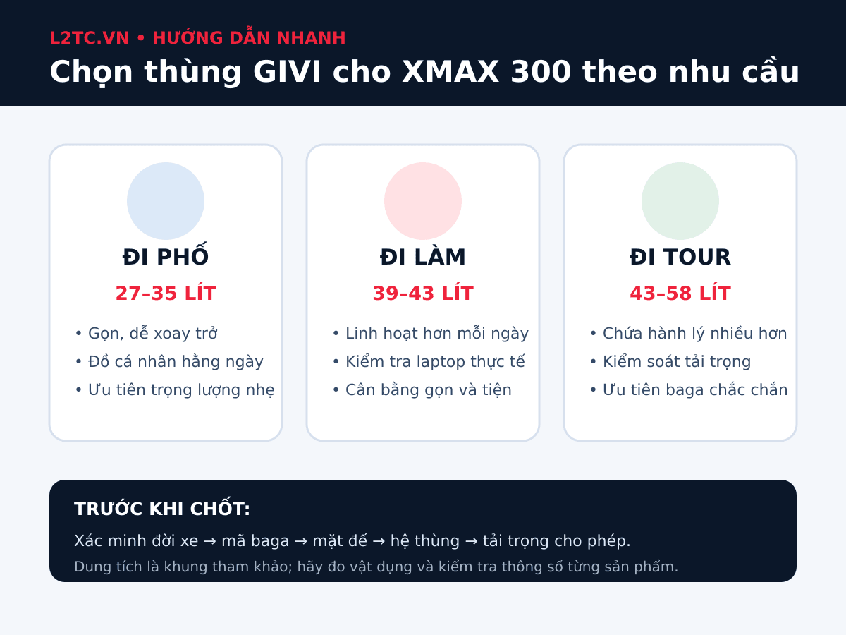 Bảng chọn dung tích thùng Givi cho XMAX 300 theo nhu cầu đi phố đi làm và đi tour