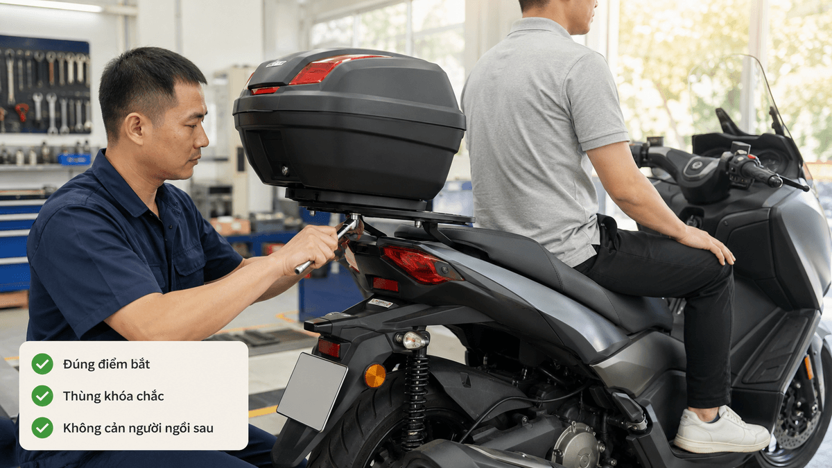 Kỹ thuật viên kiểm tra baga Givi và thùng sau trên XMAX 300
