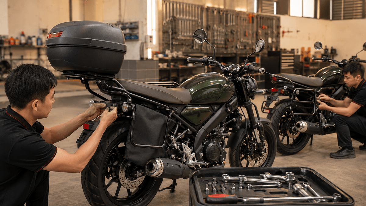 Kỹ thuật viên kiểm tra lắp đặt baga Givi trên XSR155