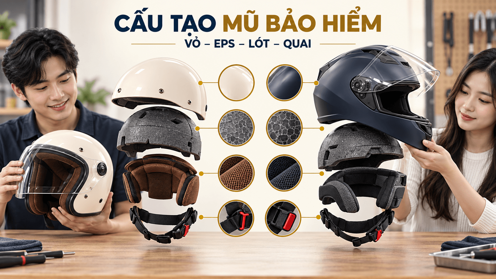 Cấu tạo mũ bảo hiểm và các lớp bảo vệ cần kiểm tra