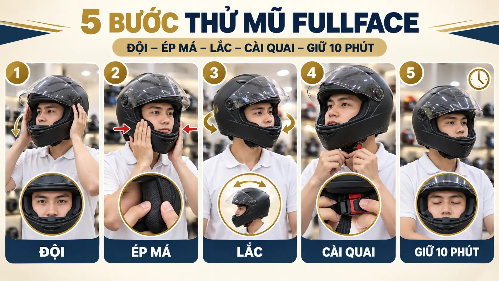 Năm bước thử mũ fullface đúng cho người mới