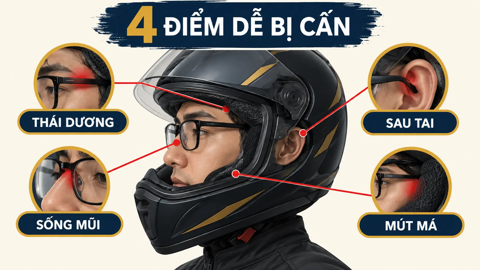 Bốn vị trí người đeo kính dễ bị cấn khi dùng fullface