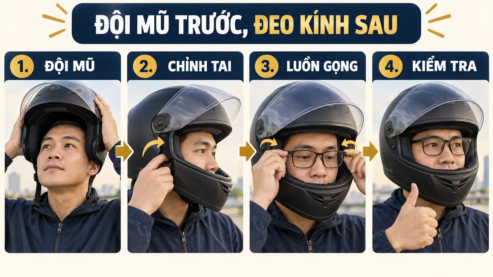 Thứ tự đội mũ trước rồi đeo kính sau