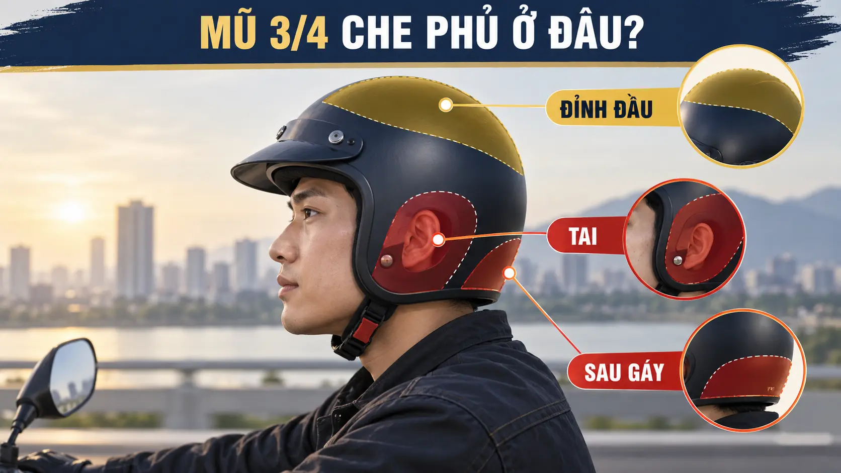 Các vùng được mũ bảo hiểm 3/4 che phủ