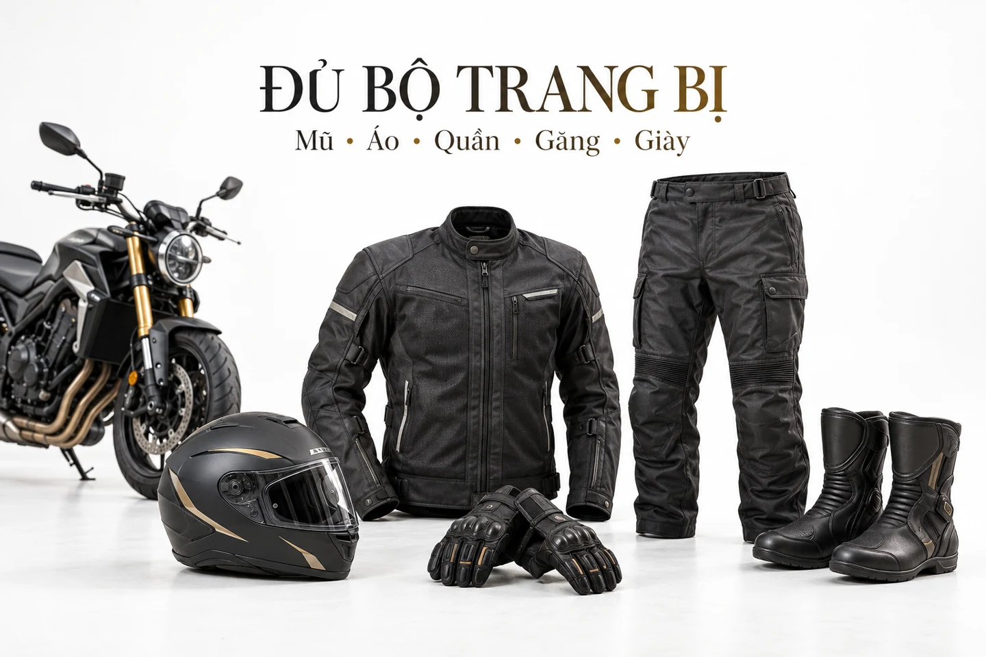 Đủ bộ trang bị — Mũ · Áo · Quần · Găng · Giày