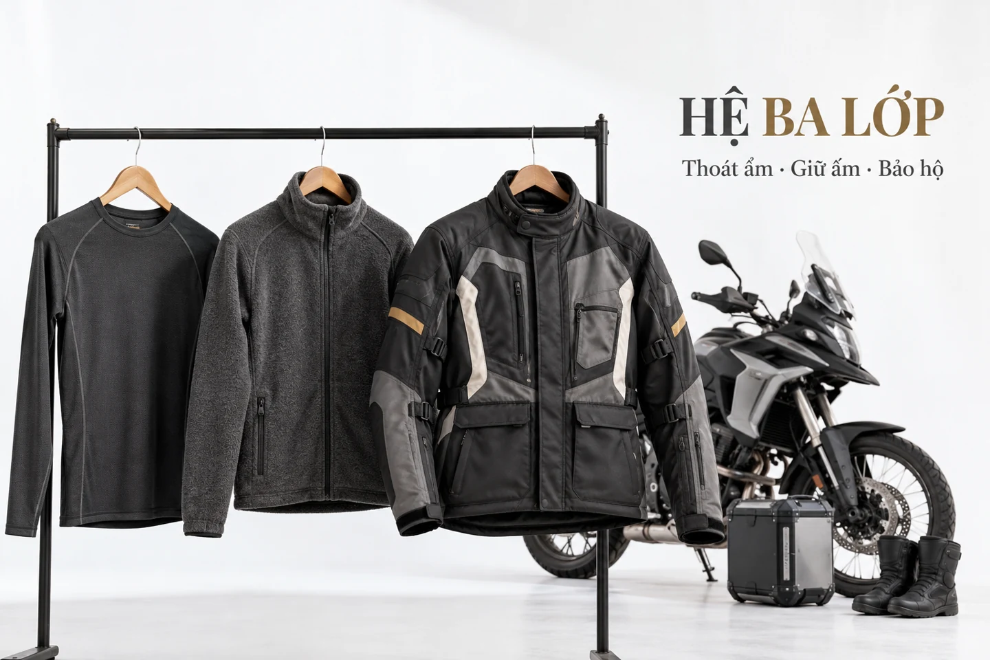 Hệ ba lớp — Thoát ẩm · Giữ ấm · Bảo hộ